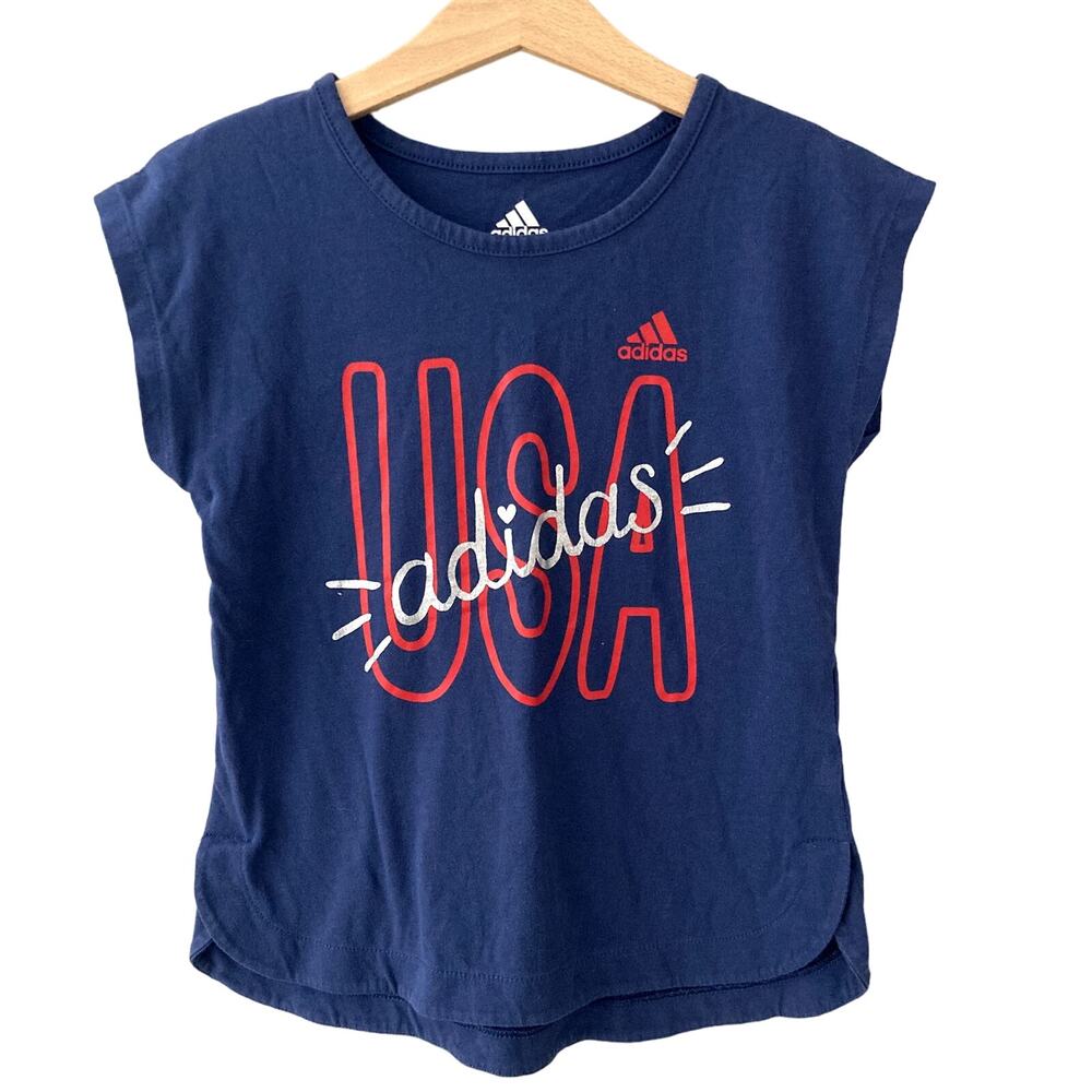 adidas USA Cap Sleeve Side Split Tee - Blue Red Silver - XS 6/6X